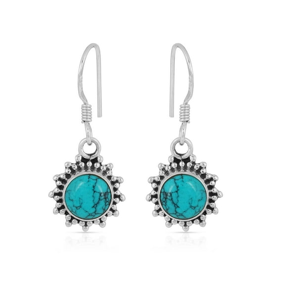 Natural Turquoise Round Dangle Earrings in 925 Sterling Silver – Handmade Bezel-Set Blue Gemstones with Fish Hook Backs, Jewelry Gift for Women