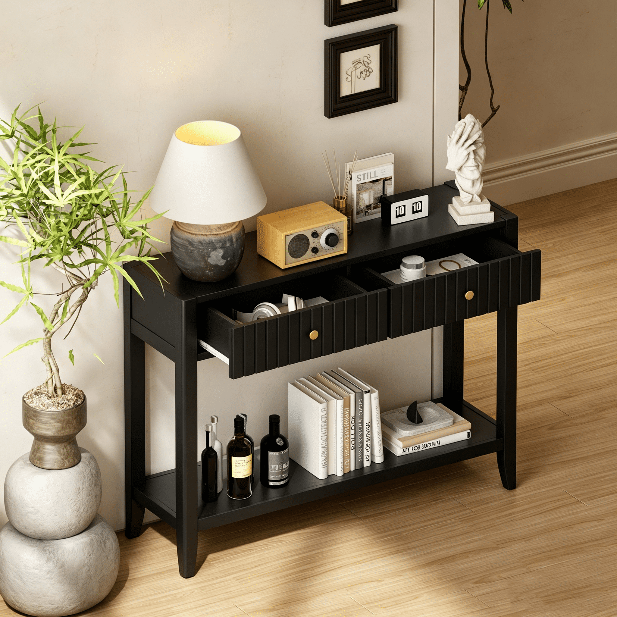 29.53" Tall Console Table with Drawers, Narrow Wood Accent Sofa Table Entryway Table with Storage Shelf for Entryway, Front Hall, Hallway, Living Room, Black