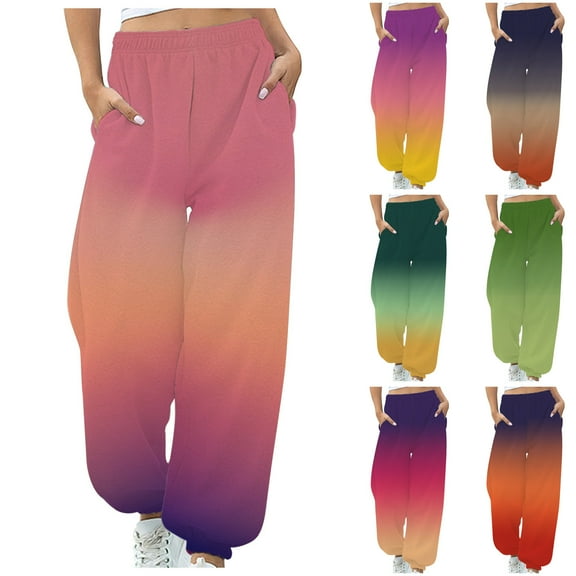 Jacenvly Sweatpants Women Clearance Bundle Foot Long Elastic Waisted Drawstring Pocket Contrast Trousers for Women Casual Loose Sports Sweatpants Ankle Banded Trousers Gradient Fleece Pants