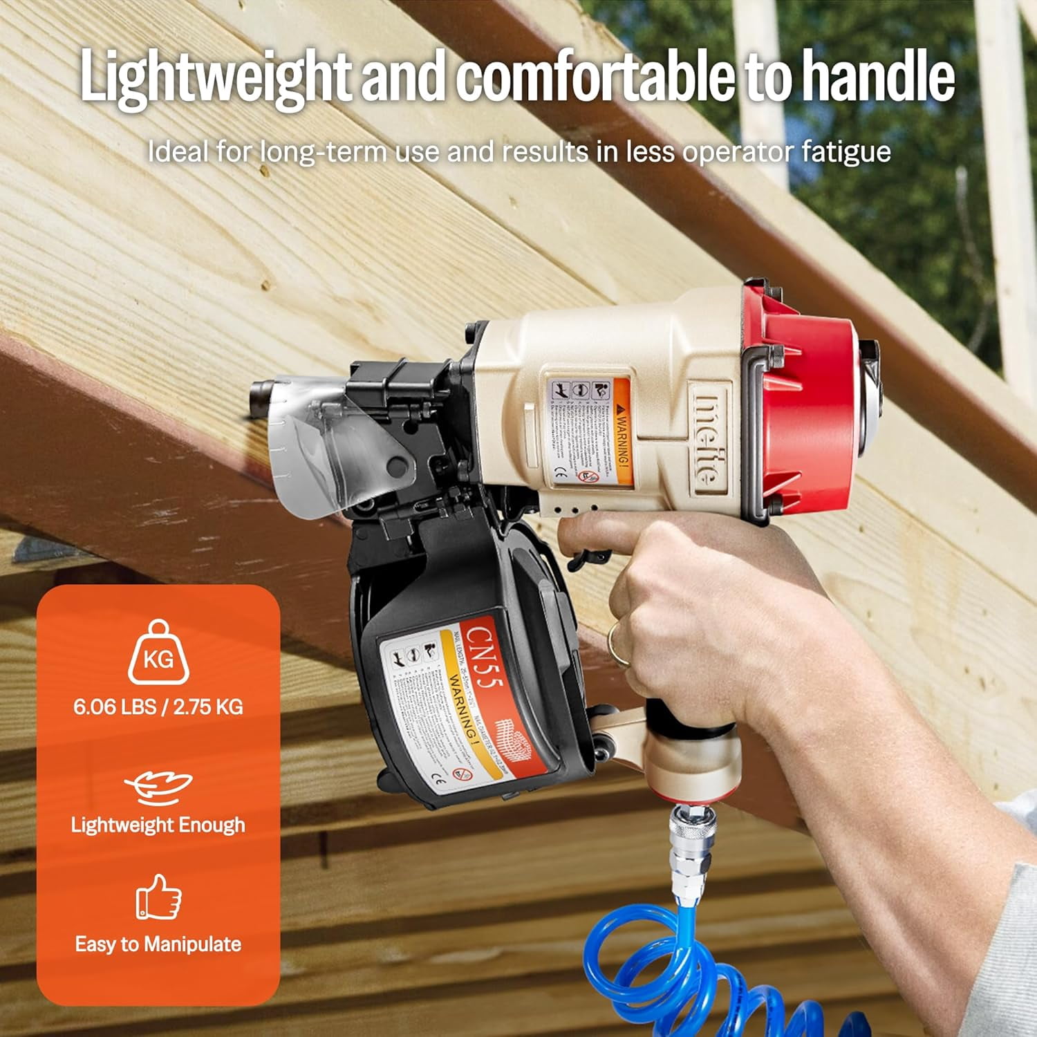 meite Pneumatic Coil Nail Gun CN55, Drives 15 Degree 1" to 2-1/4" Length Coil Nails, for Wooden Projects, Pallets, Siding, Fencing