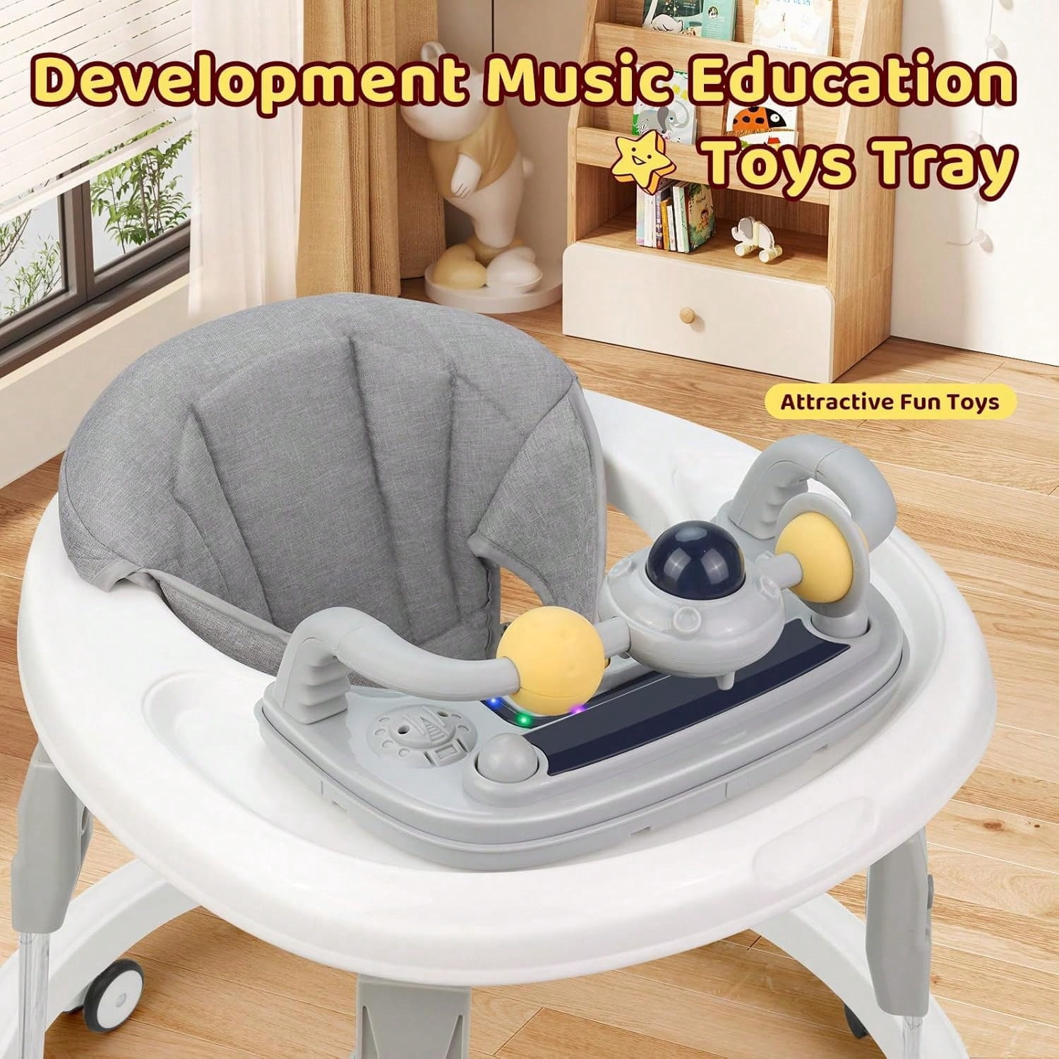 PRVAETU Foldable Baby Walker Activity Center W/ Music Toy,Wheels,Height Adjustable & Foot Pad for 6-18 Months Babies Infant Boys Girls,Grey