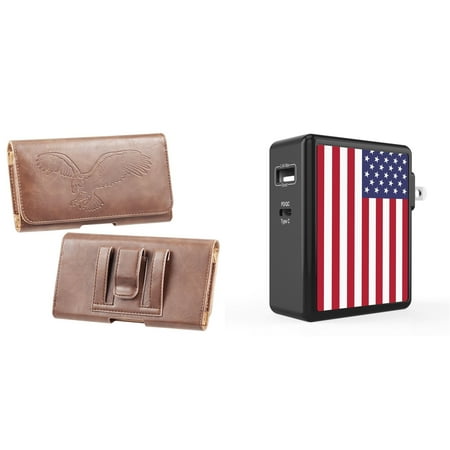 

Holster and Wall Charger Bundle for Nokia C100: Eagle Horizontal Belt Pouch Case (Brown) and 45W 2 Port (Power Delivery USB-C USB-A) Power Adapter (American USA Flag)