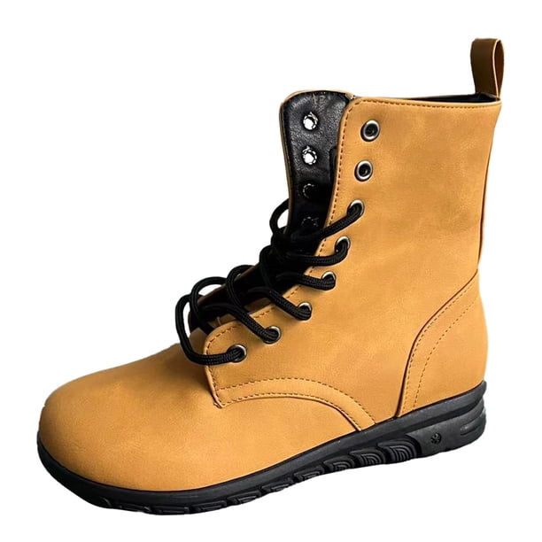 Zapatos Botines para mujer Botas de caña de talla grande para mujer botas de comercio exterior para mujer botas de cuero con cordones y parte inferior plana para mujer otoño e invierno (Yellow 7)