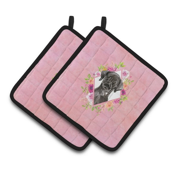 Black Labrador Pink Flowers Pair of Pot Holders