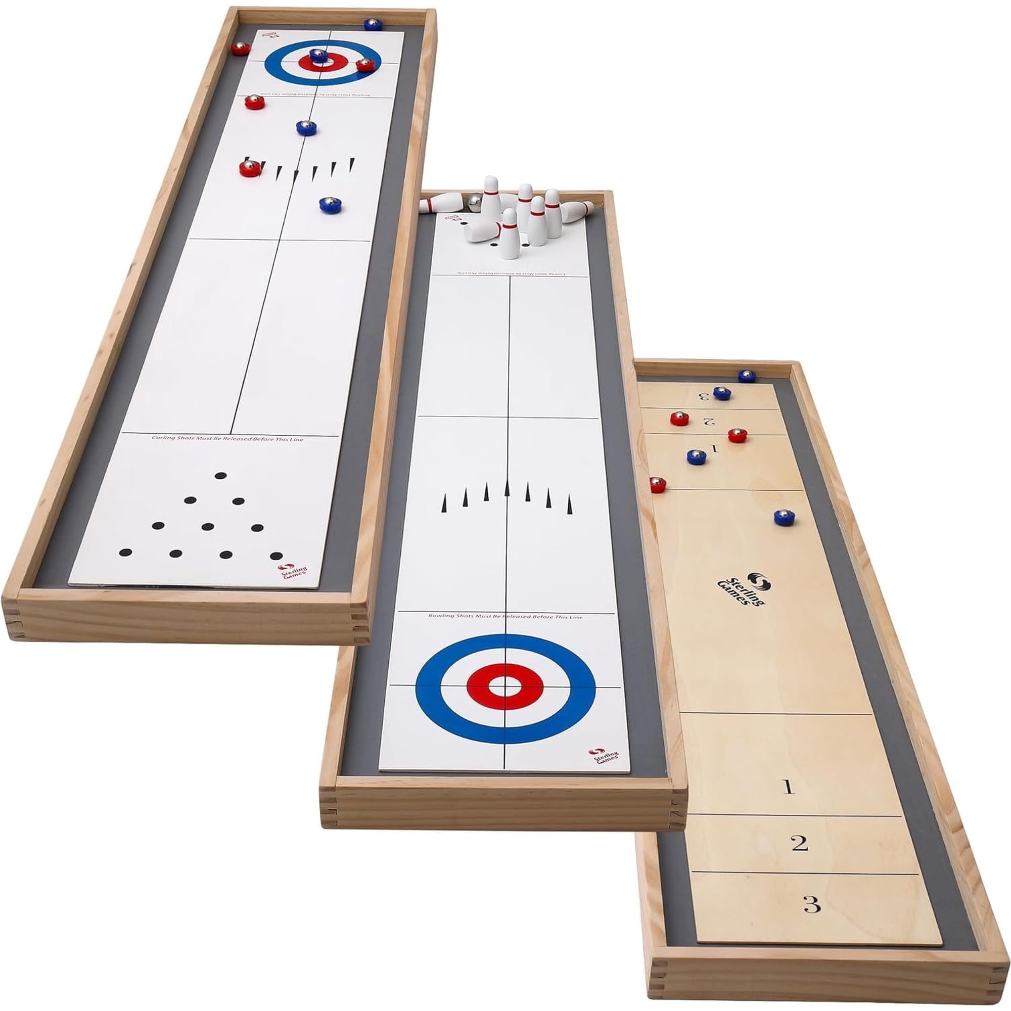 Sterling Games Tabletop Shuffleboard, Bowling and Curling 3 in 1 Combo Game Board Set for Kids and Family