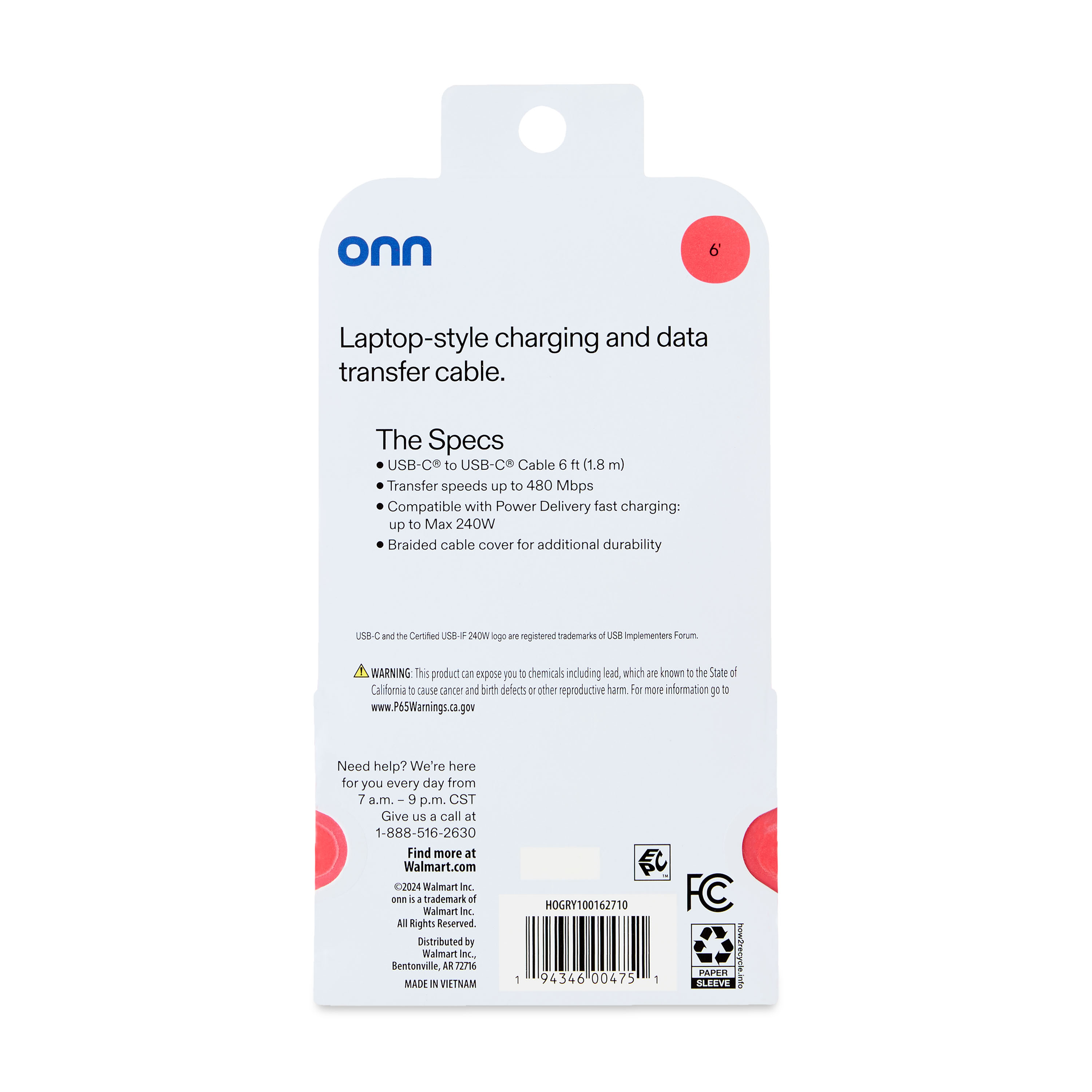 onn USB-C to USB-C Braided Cable, 6Ft, Black photo 7
