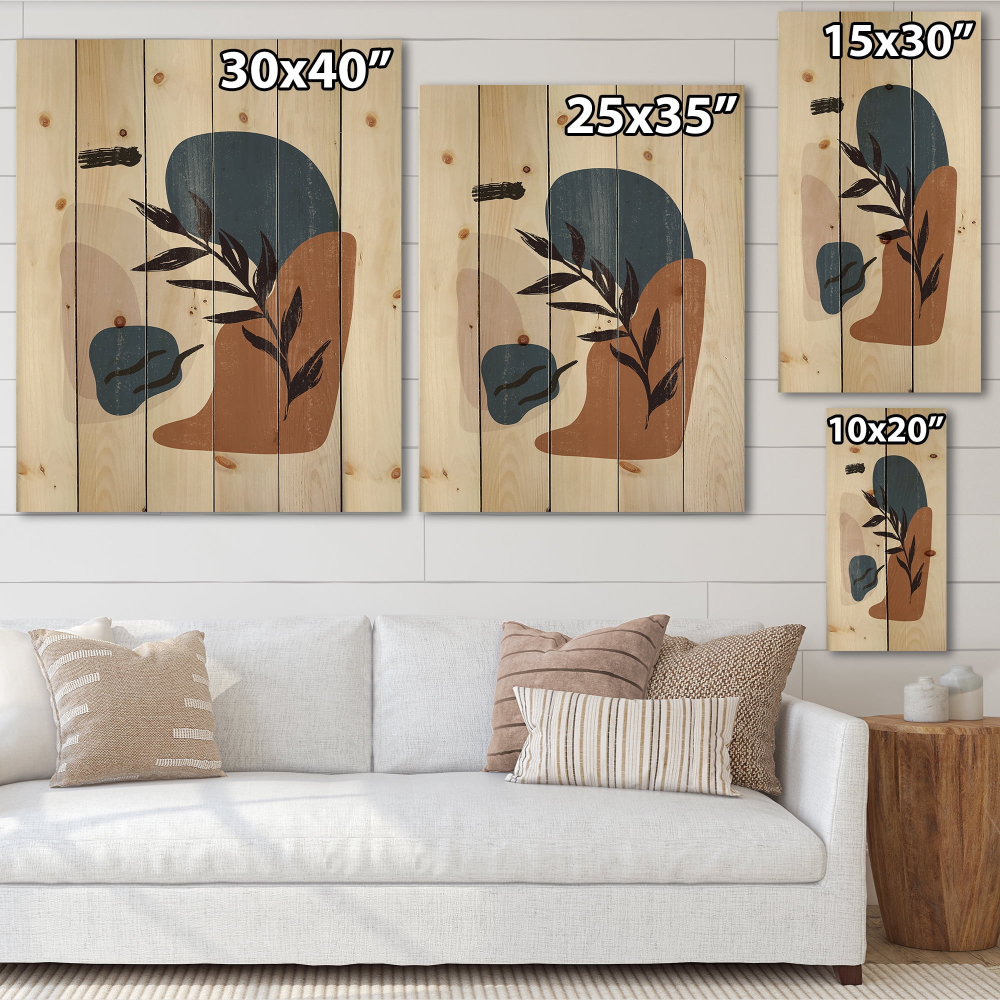 Designart 'Boho Minimalist Botanical Vintage Print' Modern Print on Natural Pine Wood