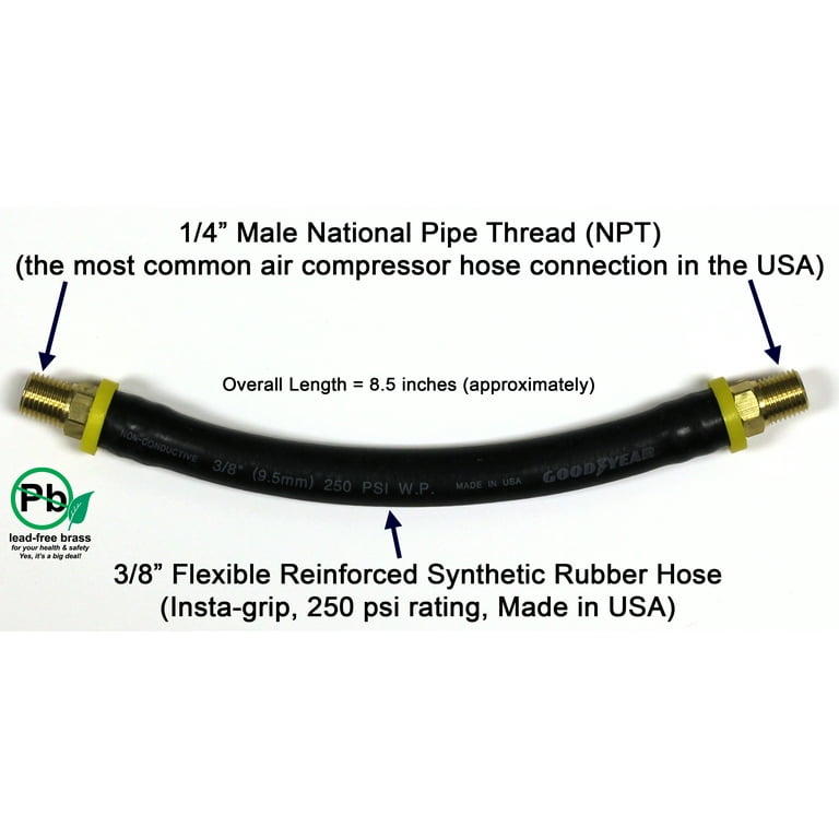 8.5-Inch Short Air Compressor Hose: 1/4 male NPT to 1/4 male NPT Connections