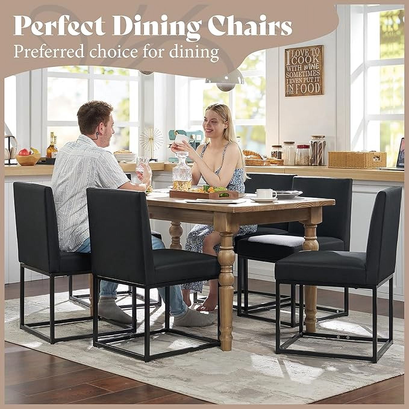Merluxy Mid Century Linen Dining Chairs Set of 6, Modern Upholstered Dinner Chairs with Metal Frame for Restaurant, Dining Room, Kitchen, Black Padded Chairs