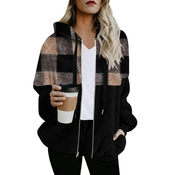 BLTIBY Women's Fall Winter Jacket Hooded Checkered Colour-Block Printed Fuzzy Zip up Drawstring Double-Faced Fleece Casual Warm Lightweight Coat with Pockets Khaki XXL