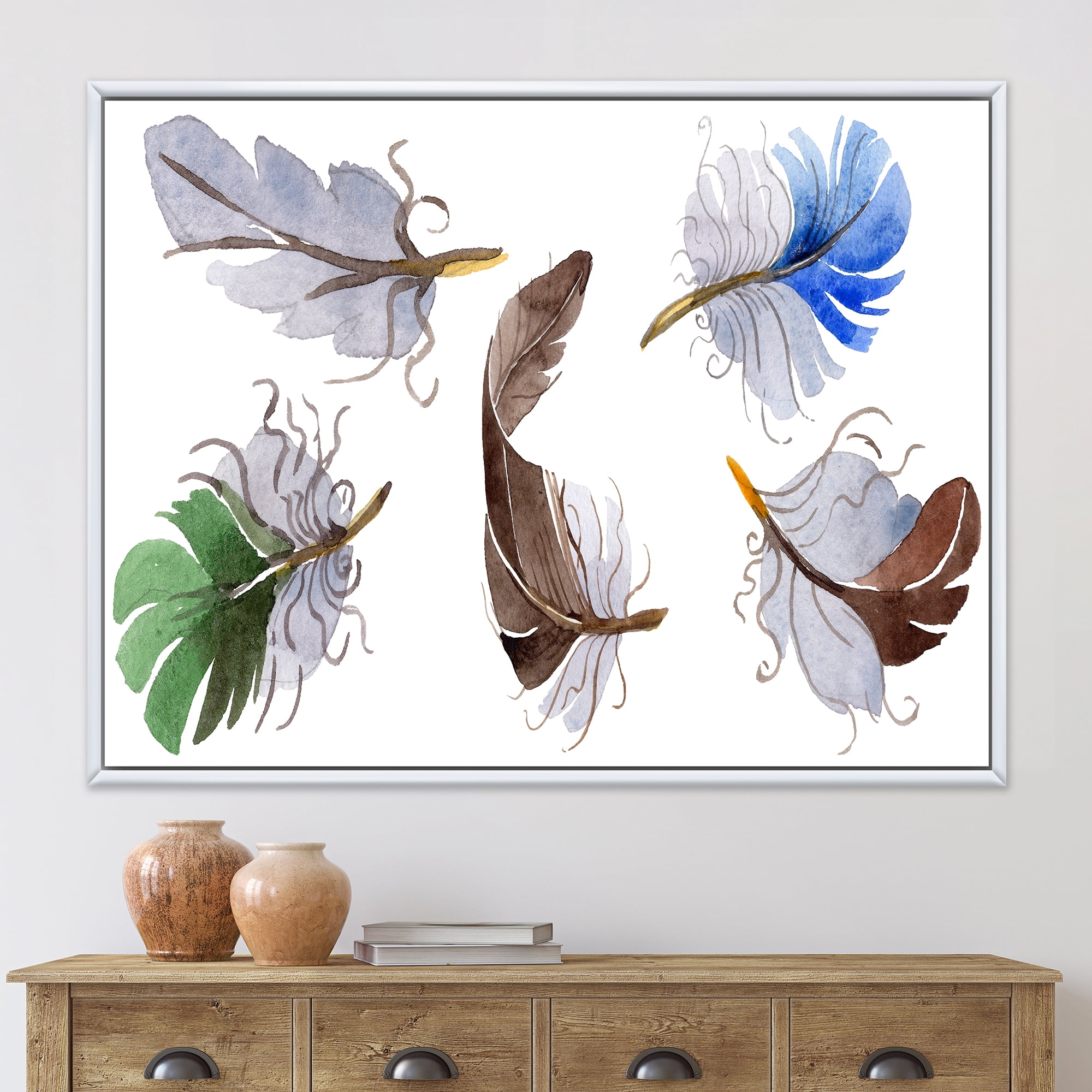 Designart 'Colourful Boho Feather Set On White IV' Bohemian & Eclectic Framed Canvas Wall Art Print