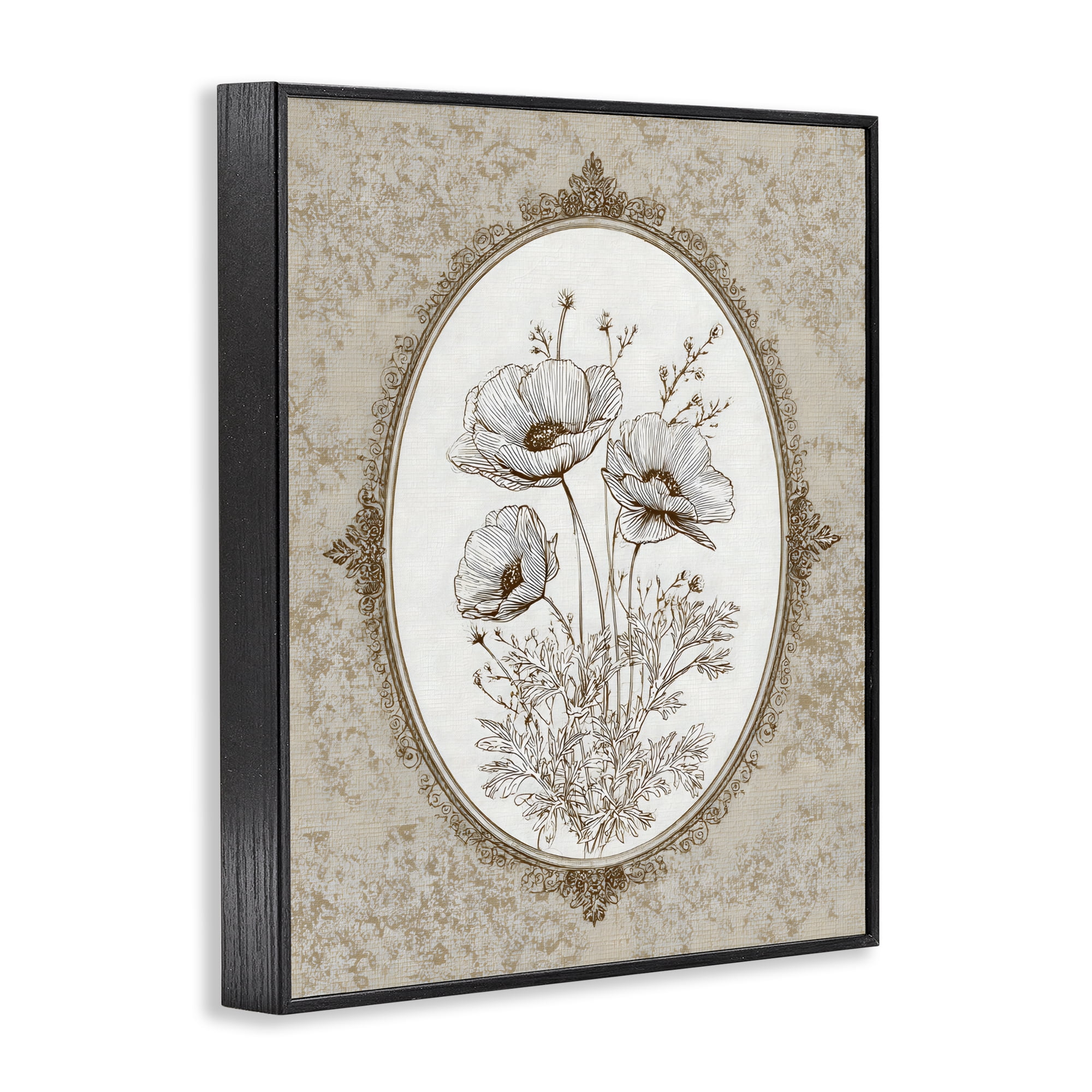 Stupell Industries Vintage Floral Sketch of Poppies Black Framed Giclee Art, design by Ink Drop Loft