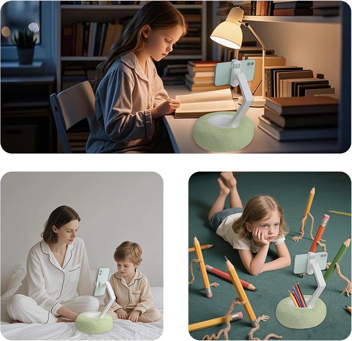 JUMRHFAN Pillow Stand Holder for Reading in Bed, Compatible with 2.3"-3.5" Phone/iPhone, Google, Samsung, Kindle, Portable Adjustable Phone Holder for Bed with Soft Plush Fabric and Snack Bowl, Green