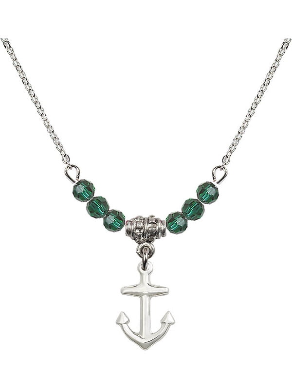 Bonyak Jewelry 18 Inch Rhodium Plated Necklace w// 4mm Green May Birth Month Stone Beads and 5-Way Charm