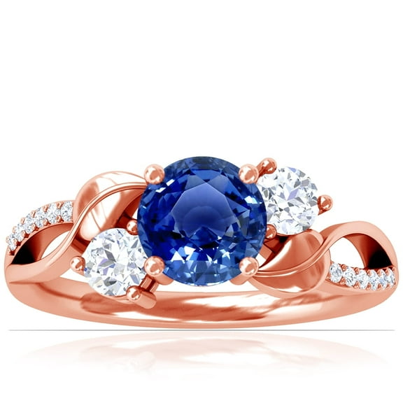 GemsNY September Birthstone - Three Stone Round Blue Sapphire ring with Round Side Diamonds and Pave Diamond Accents For Women (Grade - AAA | 1.14cttw)