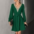 thumbnail image 2 of Women's Casual Long Sleeve Dress Lace Crochet V Neck Solid Color Belted Dress Loose Fit Fashion Knee Length Dress, 2 of 6