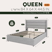 Einfach Queen Size Lift up Platform Storage Bed Frame with Fabric Upholstered Wingback Panel Headboard, Light Gray