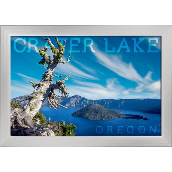 Crater Lake National Park, Oregon - Daytime Aerial View of Lake - Lantern Press Photography (18x12 Giclee Art Print, Gallery Framed, Silver Wood)