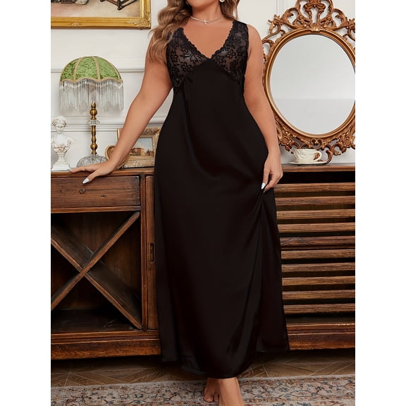 Women's Plus Size Black Satin Maxi Nightgown, Sleeveless Deep V Floral Lace Top Silky Loose Long Sleep Dress, Elegant Soft Loungewear Night Dress for Bedroom Nighttime Wear