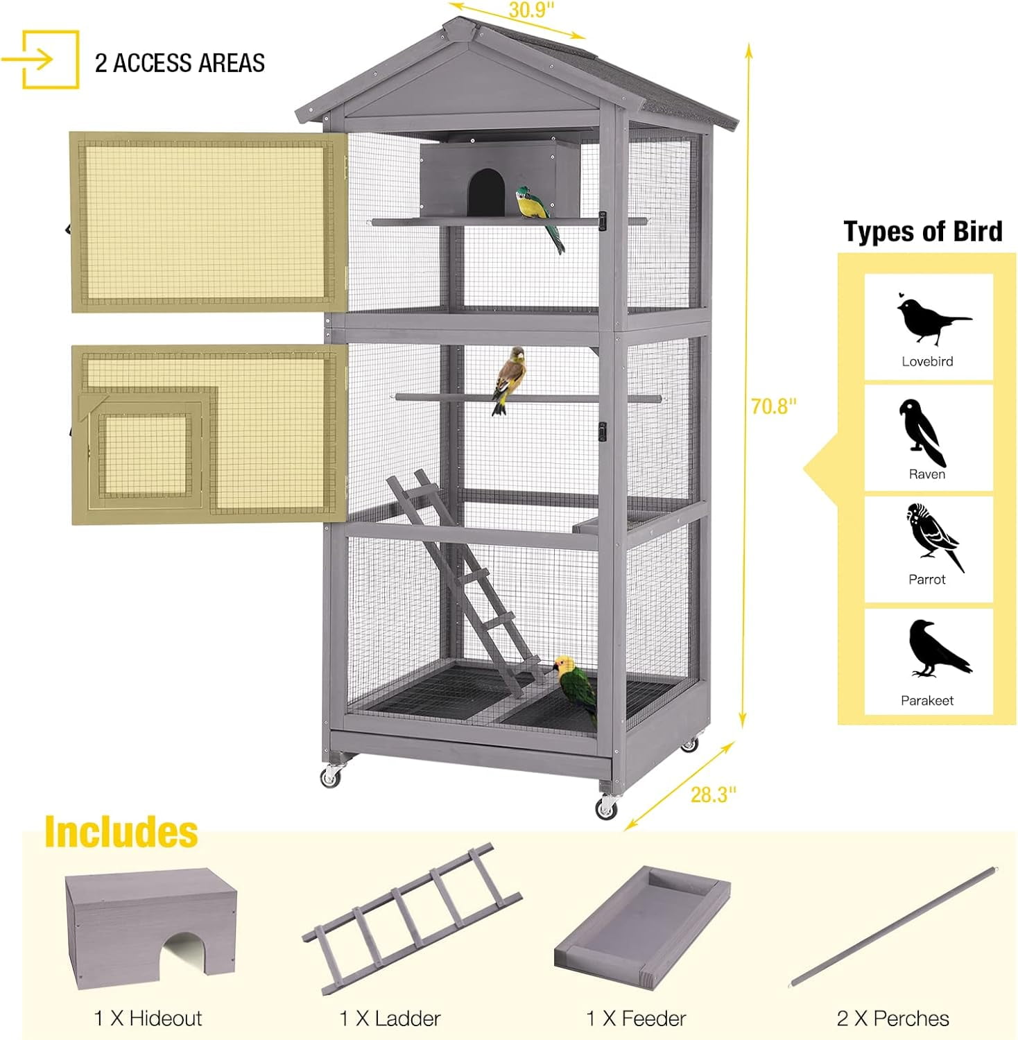Aivituvin Bird Cages Outdoor Bird Aviary Indoor Parakeet Cage with Perch for Birds, Large Dove cage with Wire Netting Above The Removable Pull Out Tray - Wheels Include