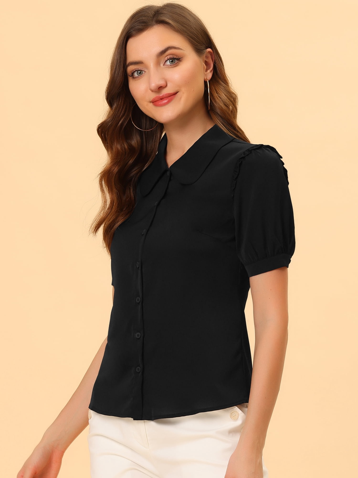 DARING DIVA Women's Peter Pan Collar Short Sleeve Button Front Shirts L Black