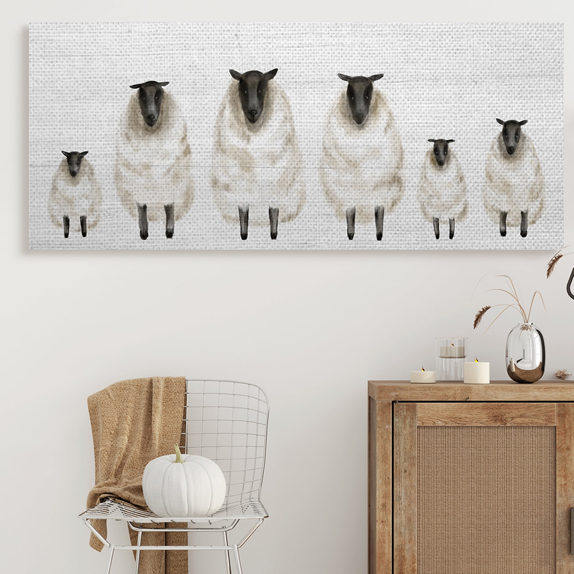 Stupell Industries Fluffy Farm Sheep Minimal White Plank Pattern Animals & Insects Painting Gallery Wrapped Canvas Art Print Wall Art, 20 x 48