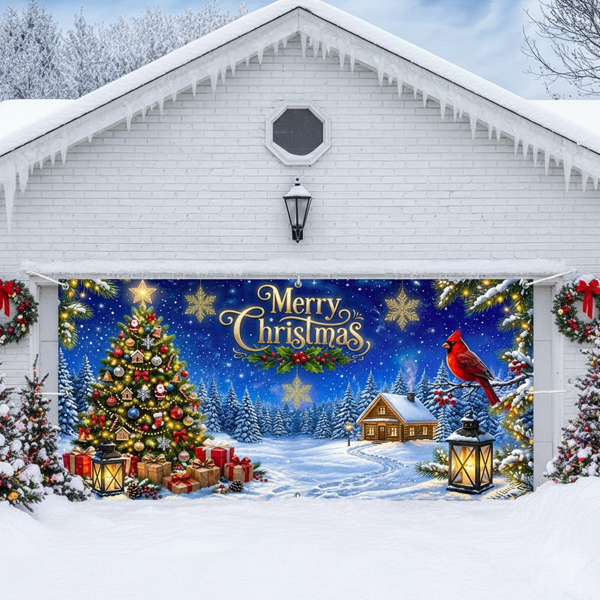 13X6ft Christmas Garage Door Cover Decorations Cardinal Bird Xmas Tree Outdoor Decor Snowy Cottage Forest Garage Decor Cover Backdrop Blue White Winter Wonderland Gifts Scene Holiday Party Decoration