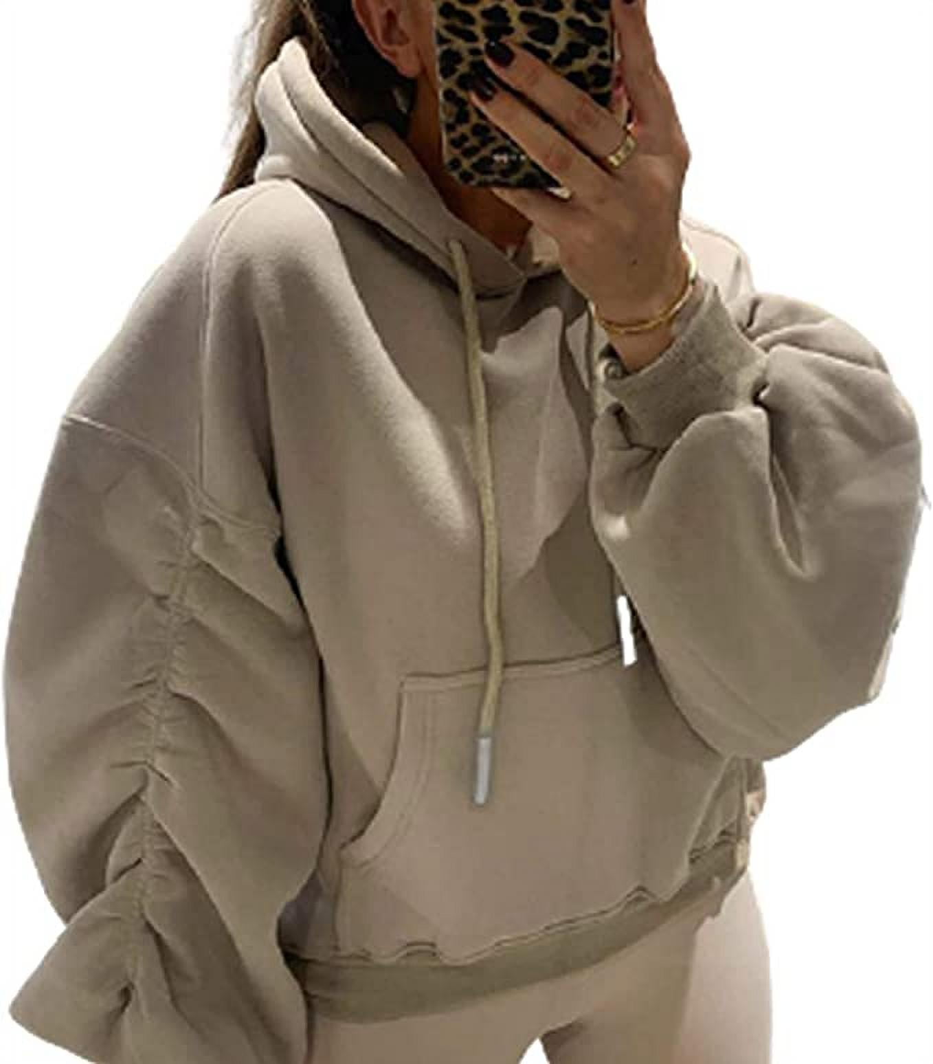 beige ruched sleeve hoodie