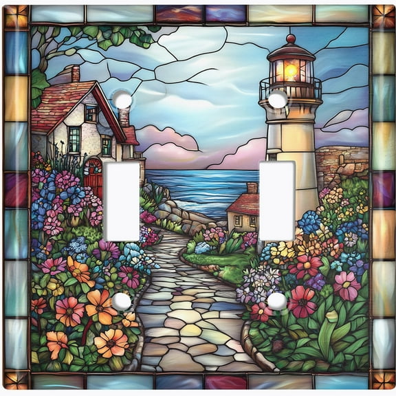 Metal Light Switch Wall Plate Outlet Cover (Printed Image of Stained Glass Coastal Lighthouse - Double Toggle)