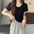 thumbnail image 4 of Short Sleeve Round Neck Casual Sports T-Shirt Side Ruched Drawstring Solid Color Fitted Crop Top Streetwear for Women, 4 of 17