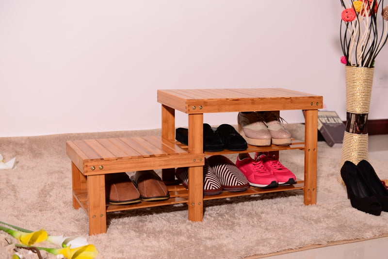 Private Jungle 36" Bamboo Stool Shoe Rack, Shoe Bench for Kids, Shoe Rack Bench with Boots Compartment, Wood Color