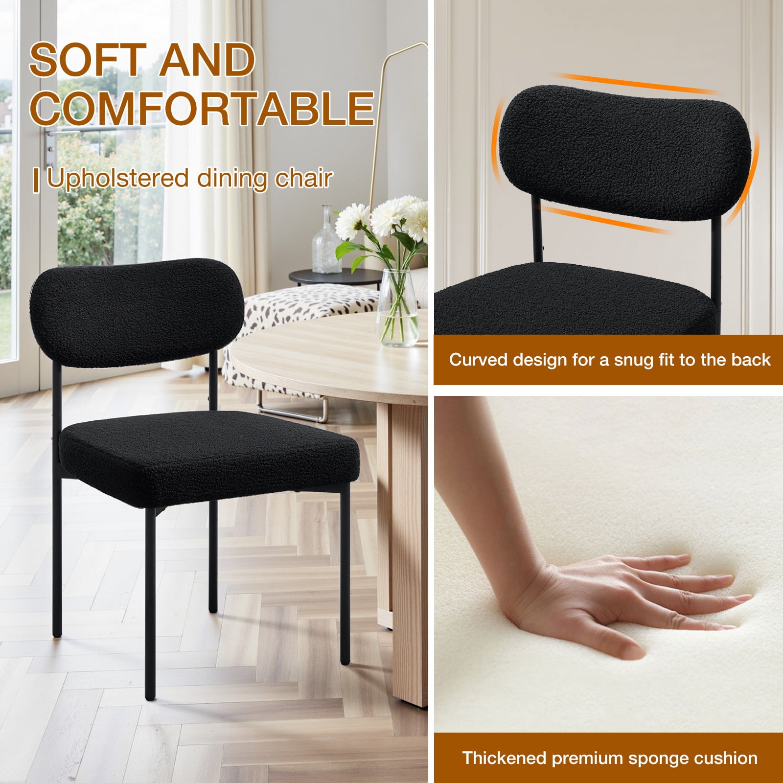 Hommpa Boucle Dining Chairs Set of 6 Modern Upholstered Kitchen Dining Room Chairs with Backrest & Metal Legs Accent Side Chairs Black for Dining Kitchen Living Room Bedroom