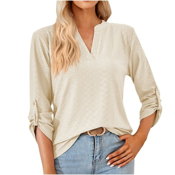 2024 Women's V-Neck Long Sleeve Tops Solid Color Loose-Fit Pullover Winter Trendy Casual Blouse