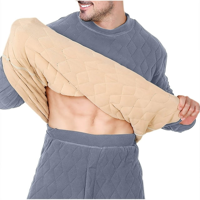 Lovzfmll Men's Thermal Top with Solid Color Round Neck, Long Sleeve with Heart Pattern and Cotton Padding for Comfortable Base Layer