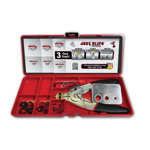 Just Clips Snap Ring Tool Kit with clips and o-rings, snap ring pliers and the All-New Patented ClipKey. The only Installation Tool that works with 1