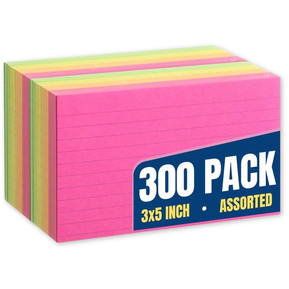 1InTheOffice Ruled Neon Index Cards, Index Cards 3x5 Assorted Neon Color, 300/Pack