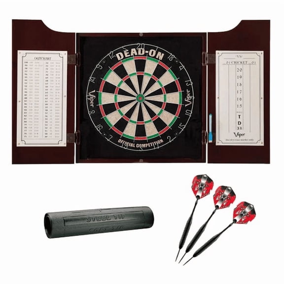 Viper Hudson Dartboard Cabinet, Dead-On Bristle Dartboard, Black Mariah Steel Tip Darts 22 Grams, and Vinyl Dart Mat
