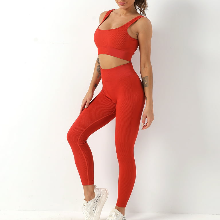 Lu's Chic Women's 2 Piece Workout Set Outfits Crop Tank Top High Waisted  Yoga Leggings Activewear Athletic Workout Sporty 2Pcs Sexy Lounge Sets Red  Large 