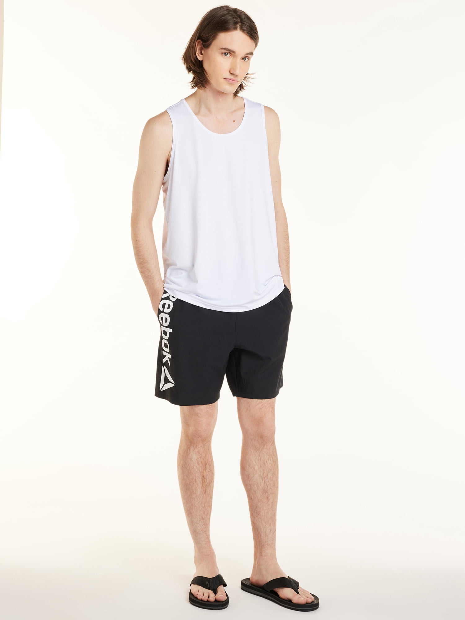 Reebok Men's & Big Men's Solid Logo Swim Trunks with Compression Liner and UPF 50+, 7" Inseam, Sizes S-2XL
