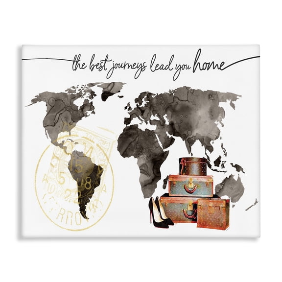 Stupell Industries Art Deco World Map The Best Journeys Lead You Home Fashion Shoes and Luggage Illustration Canvas Art, 30 x 24, by Amanda Greenwood