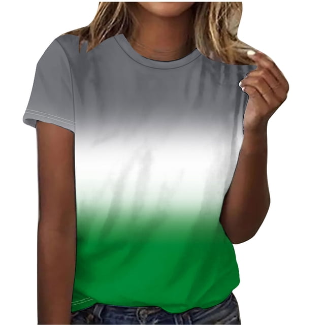 UPPADA T-Shirts d'Été Mignons pour Femmes Tendance à Imprimé Dégradé T-Shirts Chemises Décontractées à Col Rond Blouses Coupe Ample Chemises Basiques Blouses Vert,m