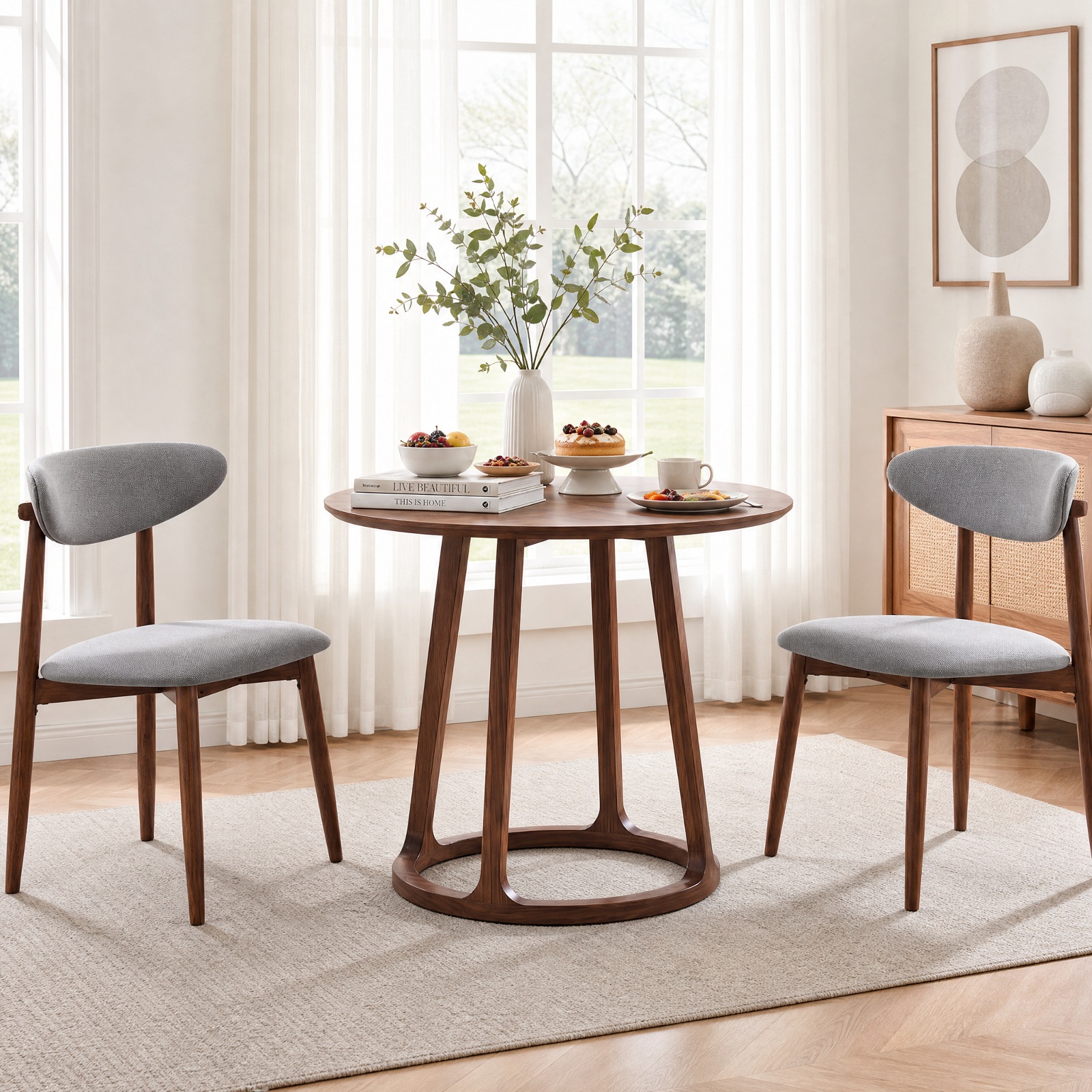 Furnibear Fabric Upholstered Dining Chairs Set of 2 with Curved Backs and Solid Rubber Wood Legs for Kitchen and Farmhouse Dining Room, Gray