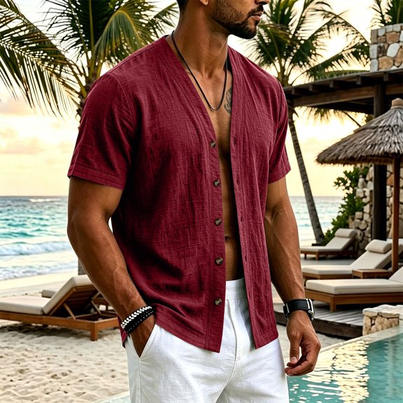 Men's Short Sleeve Linen Button Down Shirts Collarless V-Neck Untucked Casual Summer Old Money Tops, 2XL