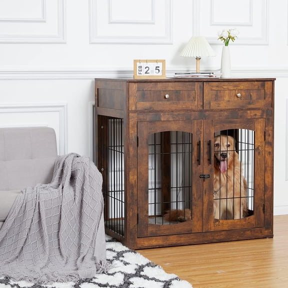 40 Inch Dog Crate Furniture for Large Dogs - Dog House Kennel Indoor with Double Drawers and Sooft Cushion,39.4"×23.6"×40",Retro