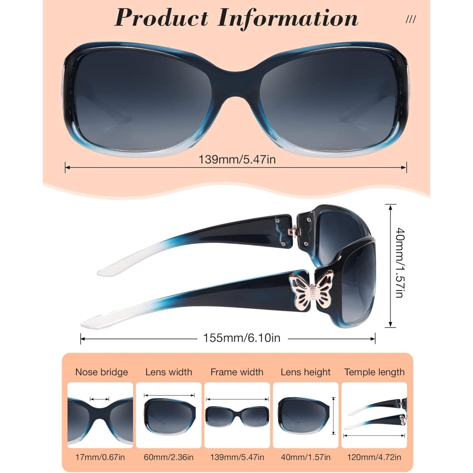 Polarized Sunglasses for Women with Wrap Around Butterfly Design, Trendy Jackie-O Style for UV400 Protection