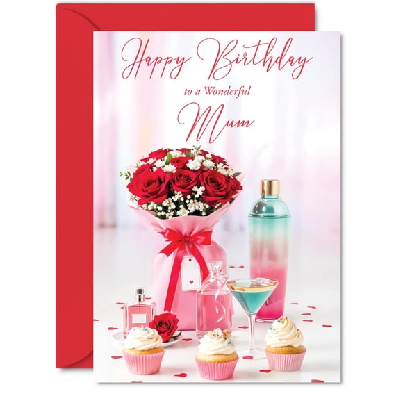 Tarjeta de Cumpleaños Giftzie Mamá Rosas Rojas y Cupcakes A5 con Sobre