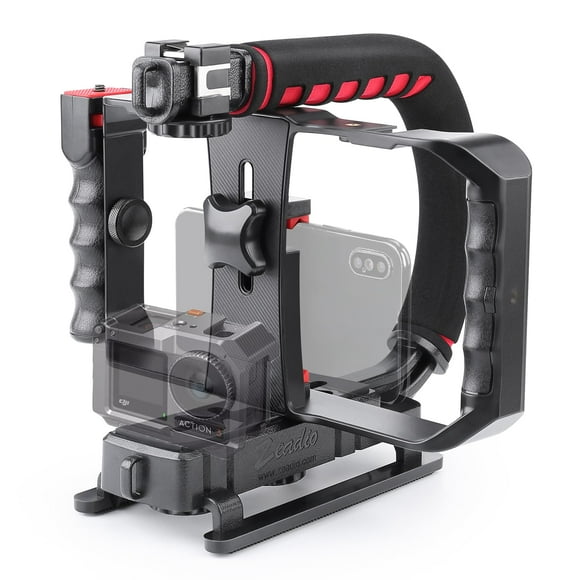 Zeadio Camera Handheld Stabilizer with Smartphone Video Cage Rig, Triple Cold-Shoe Handle Grip Compatible with All Camera Action Camera DSLR Smartphone