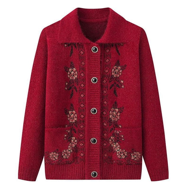 Ropa de señora mayor, ropa de invierno con solapa, ropa de señora mayor, suéter de abuela, abrigo de mamá, cárdigan de punto de primavera y otoño para suegra
