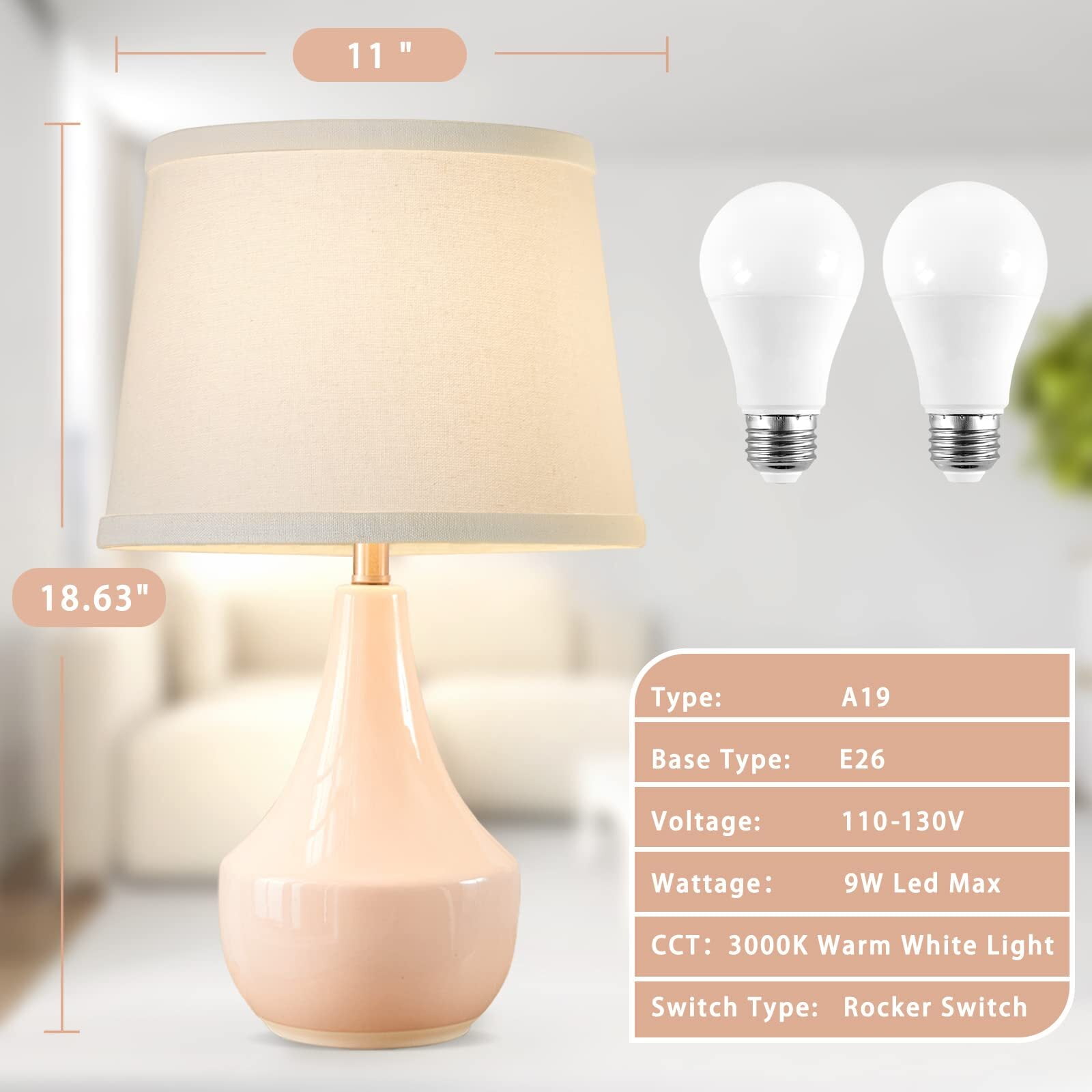 NATYSWAN Pink Table Lamp Set of 2, Ceramic Table Lamp Classic Beside Lamps Nightstand Lamp Modern Table Lamp for Living Room, Bedroom Office, Rocker Swtich (LED Bulbs Included)