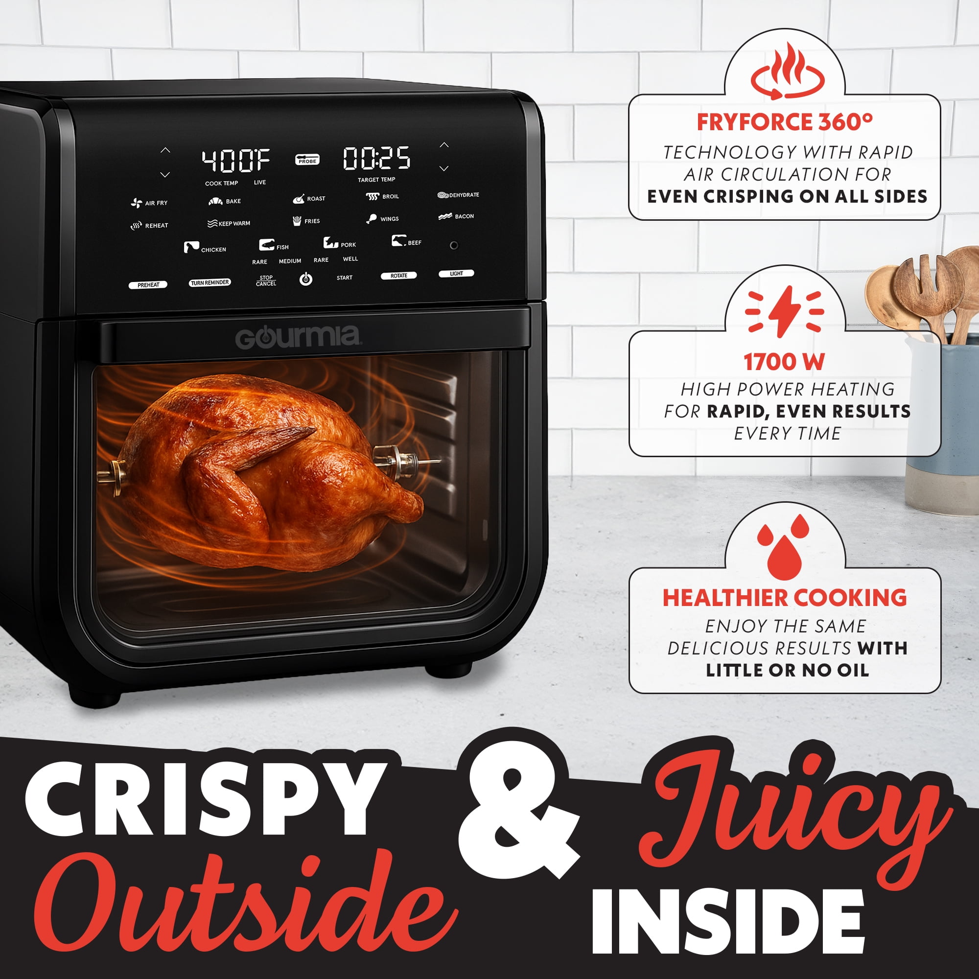 Gourmia All-in-One 14-Quart Air Fryer, Oven, Rotisserie, Dehydrator with Temperature Probe, Black